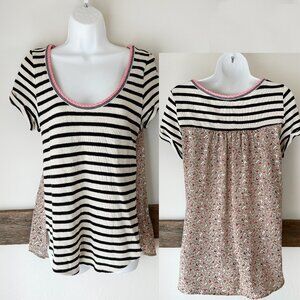 Anthropologie Black and White Striped Top with Pink Accents